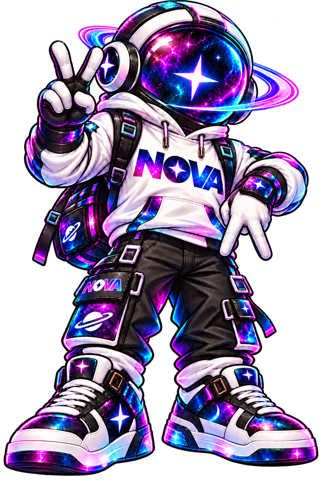 Nova Teez astronaut mascot making peace signs